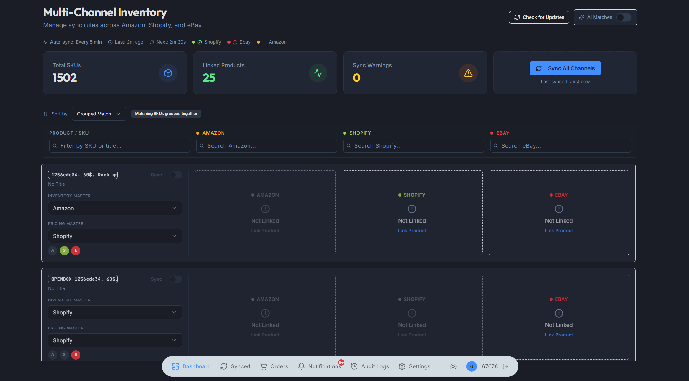 ChannelSync Master dashboard showing products across Amazon, Shopify, and eBay