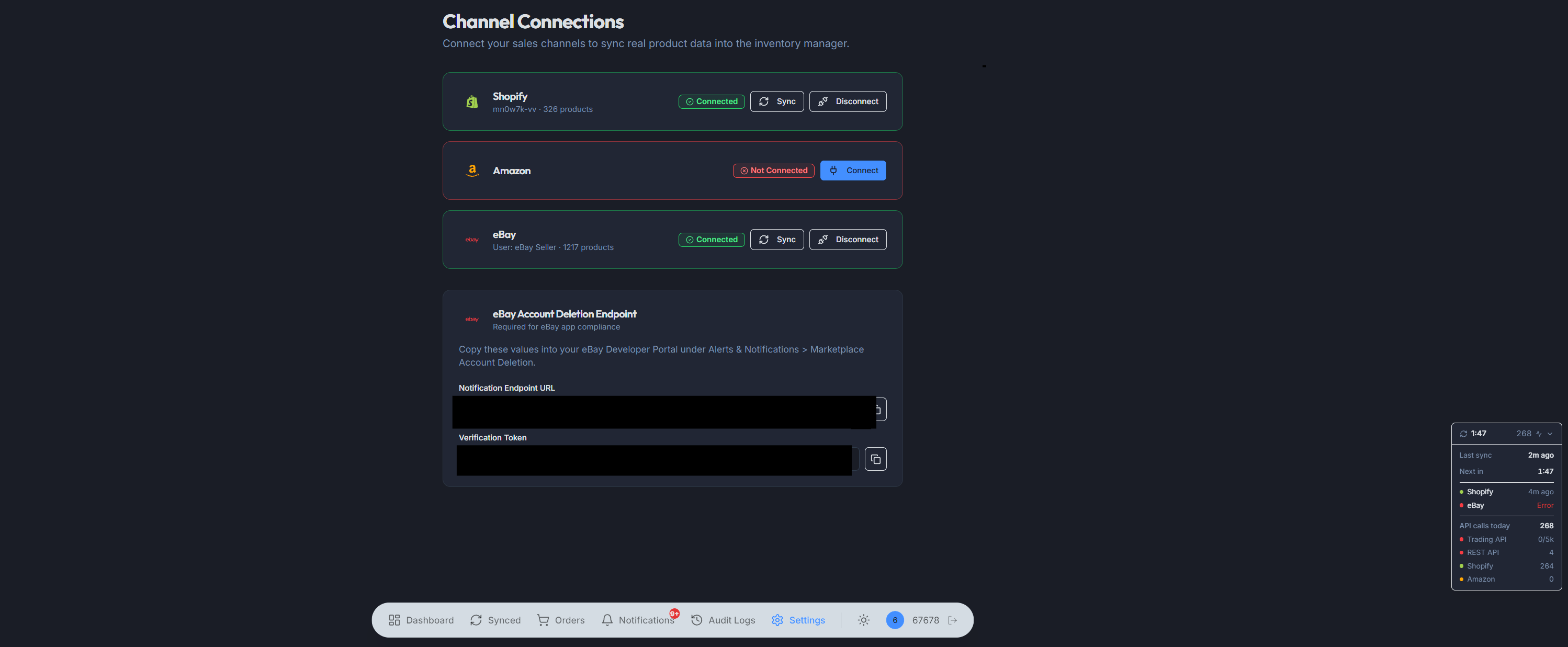 Settings page showing connected Amazon, Shopify, and eBay accounts